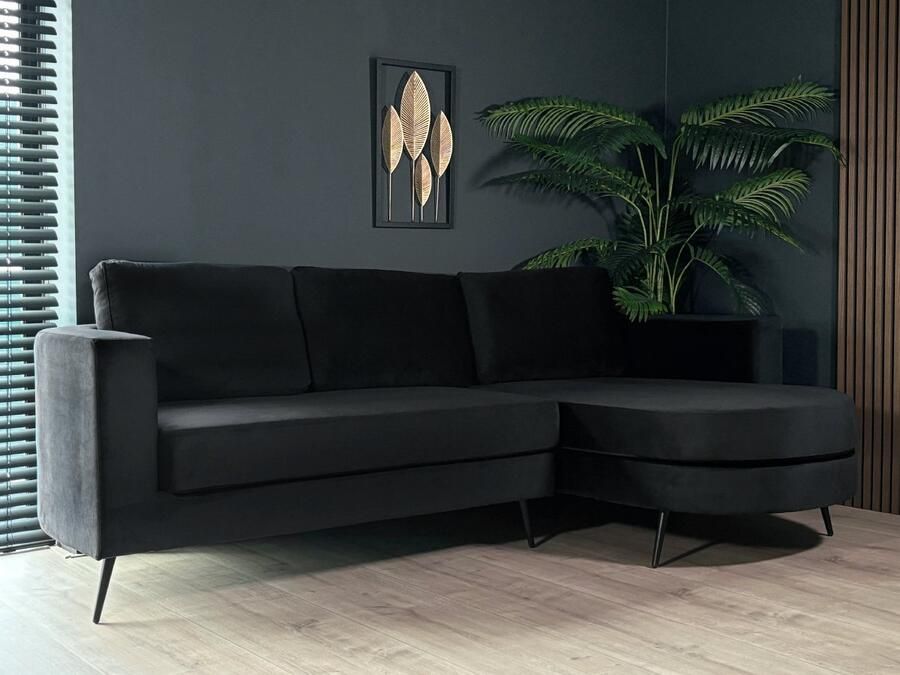 Lizzely Garden & Living Hoekbank rond design Nox 250cm bank met ronding zwart velvet bankstel rechts loungebank hoeksalon zetel - Foto 2