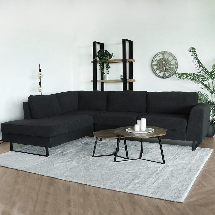 Lizzely Garden & Living Hoekbank design Puckerto 290cm bank antraciet ribstof hoek loungebank links bankstel - Foto 2