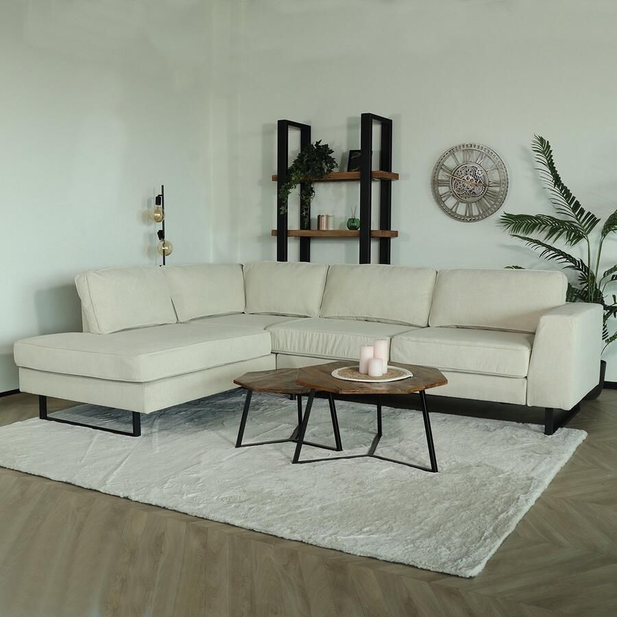 Lizzely Garden & Living Hoekbank design Puckerto 290cm bank beige ribstof hoek loungebank links bankstel - Foto 2