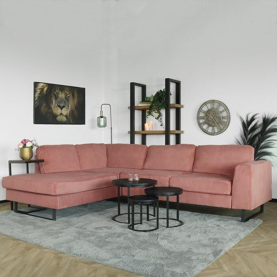 Lizzely Garden & Living Hoekbank design Puckerto 290cm bank roze velvet hoek loungebank links bankstel