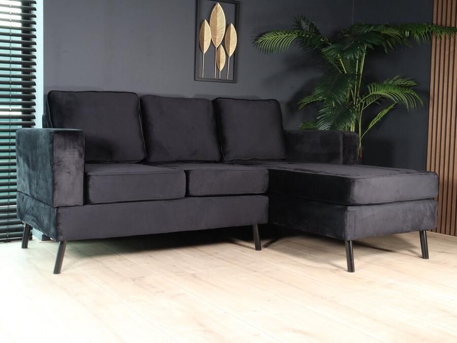 Lizzely Garden & Living Hoekbank design Venna 200cm bank zwart velvet loungebank zowel links als rechts bankstel hoeksalon zetel