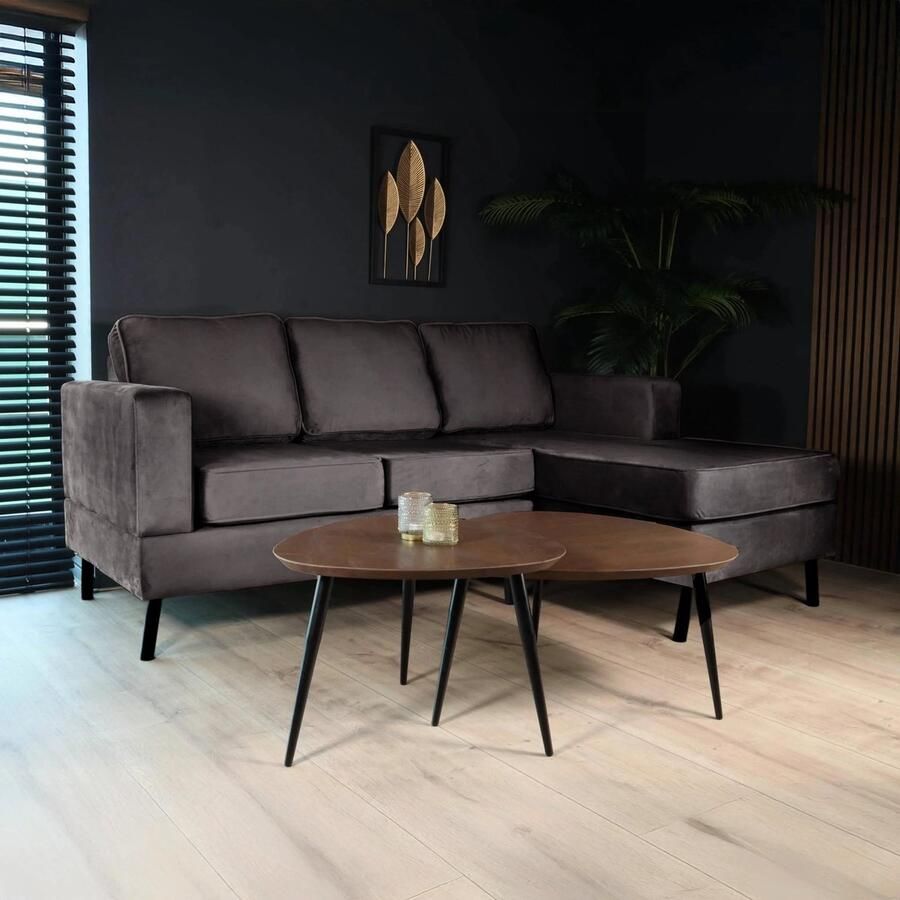 Lizzely Garden & Living Hoekbank design Venna 200cm donkergrijs velvet loungebank zowel links als rechts bankstel hoeksalon zetel