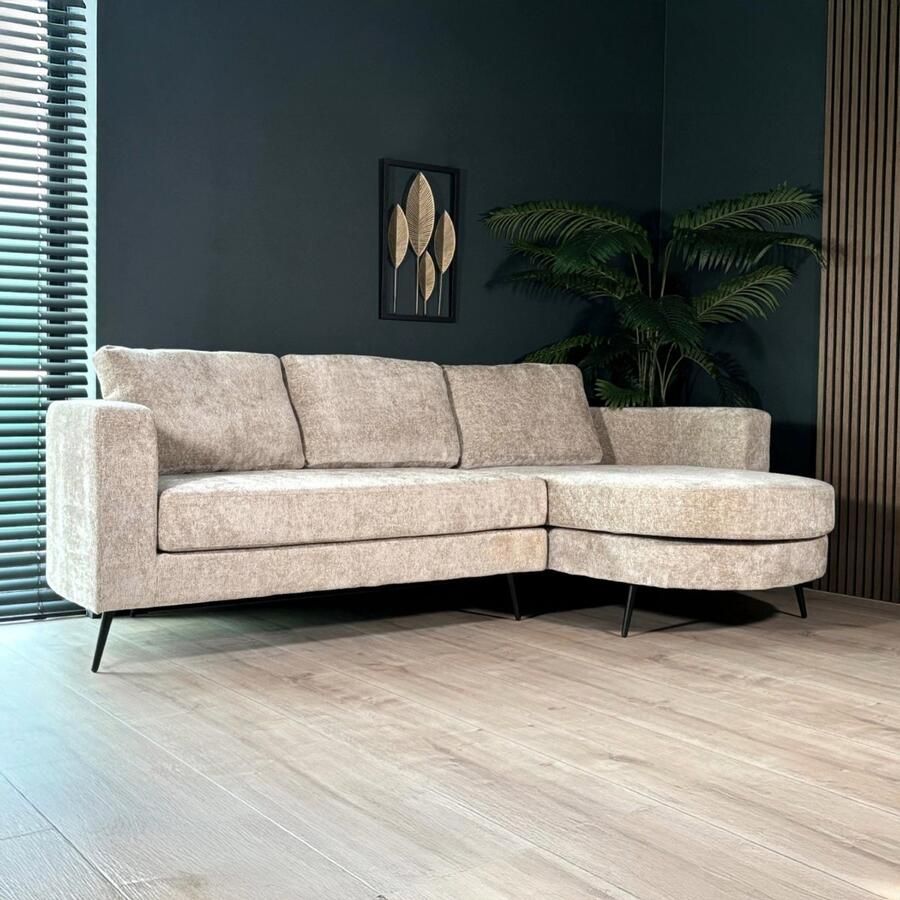 Lizzely Garden & Living Hoekbank rond design Nox 250cm bank met ronding taupe chenille bankstel rechts loungebank zetel hoeksalon