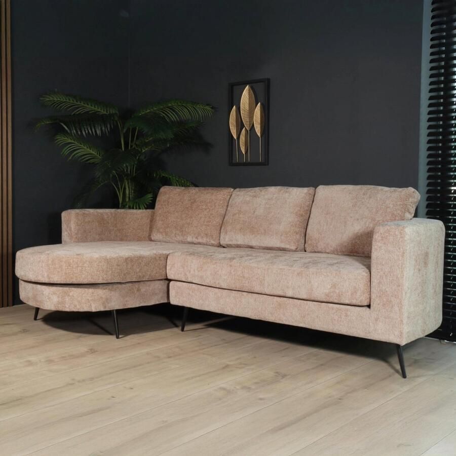 Lizzely Garden & Living Hoekbank rond design Nox 250cm bank met ronding taupe chenille bankstel links loungebank zetel hoeksalon