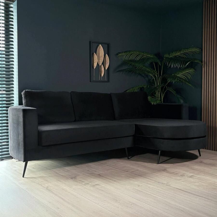 Lizzely Garden & Living Hoekbank rond design Nox 250cm bank met ronding zwart velvet bankstel rechts loungebank hoeksalon zetel