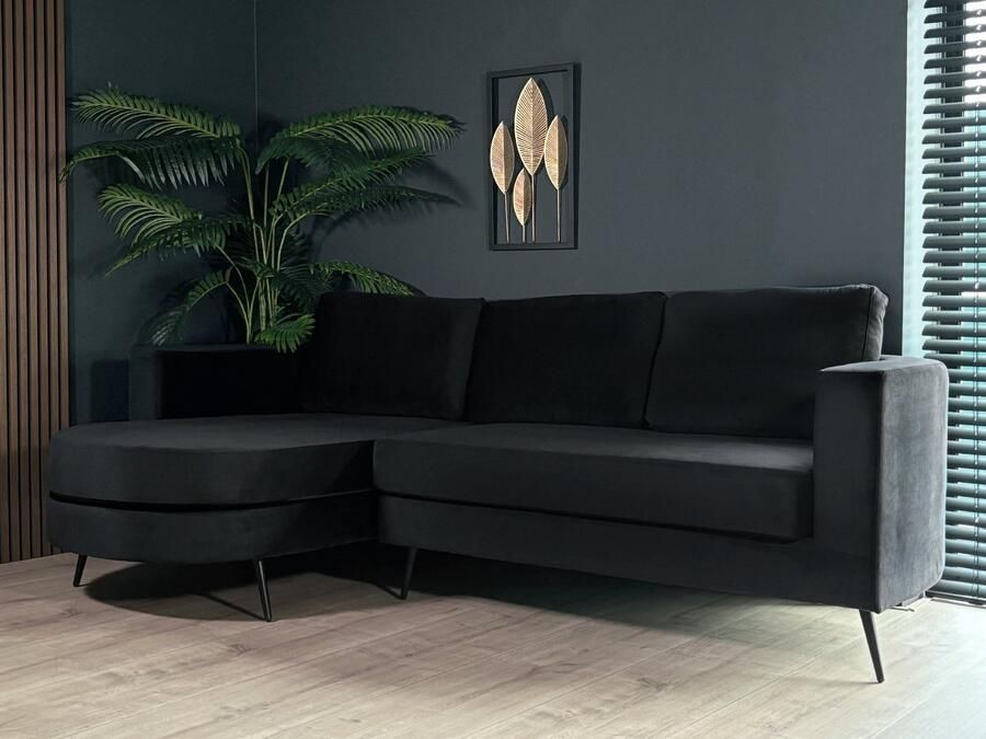 Lizzely Garden & Living Hoekbank rond design Nox 250cm bank met ronding zwart velvet bankstel links loungebank hoeksalon zetel