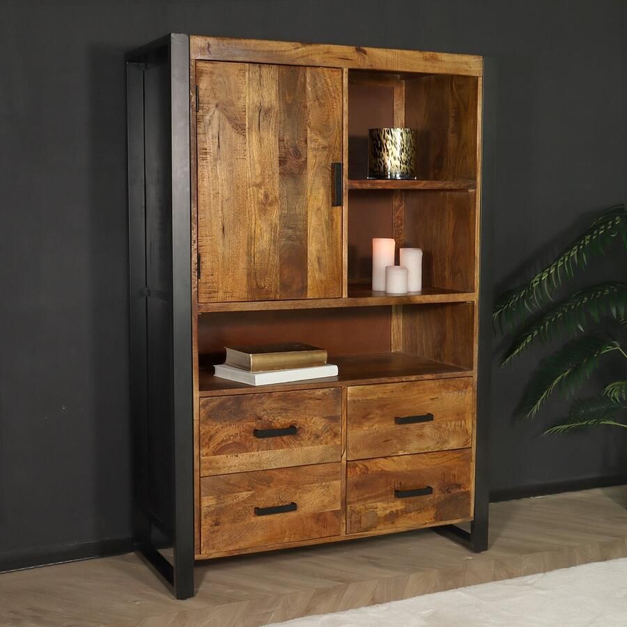 Lizzely Garden & Living Industriële kast mangohout Dexie 150x100cm bruin en zwart wandkast duurzaam mango - Foto 3