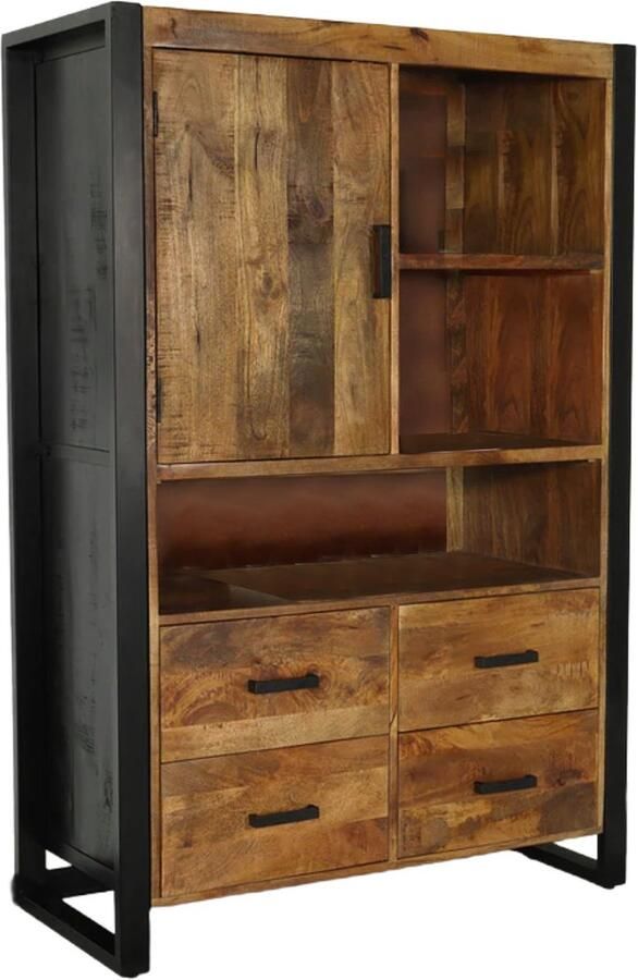 Lizzely Garden & Living Industriële kast mangohout Dexie 150x100cm bruin en zwart wandkast duurzaam mango - Foto 2