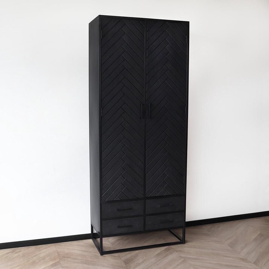 Lizzely Garden & Living Kast industrieel mangohout Bassie zwart mango hout visgraat wandkast mango duurzaam