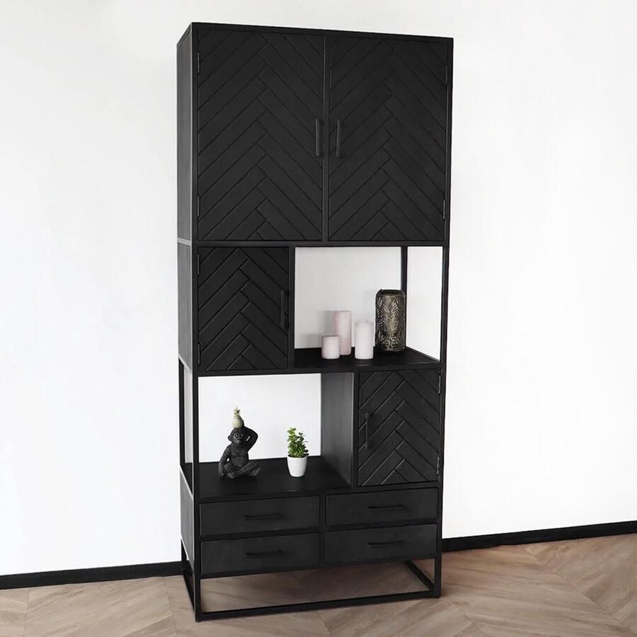 Lizzely Garden & Living Kast industrieel mangohout Blako zwart mango hout wandkast visgraat 200cm vakkenkast mango duurzaam