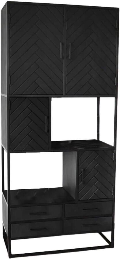 Lizzely Garden & Living Kast industrieel mangohout Blako zwart mango hout wandkast visgraat 200cm vakkenkast mango duurzaam - Foto 2