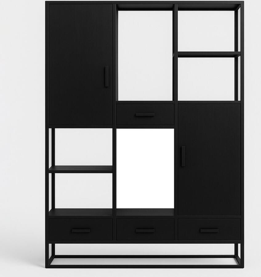 Lizzely Garden & Living Kast industrieel mangohout Dani zwart mango hout visgraat wandkast 200cm vakkenkast mango duurzaam