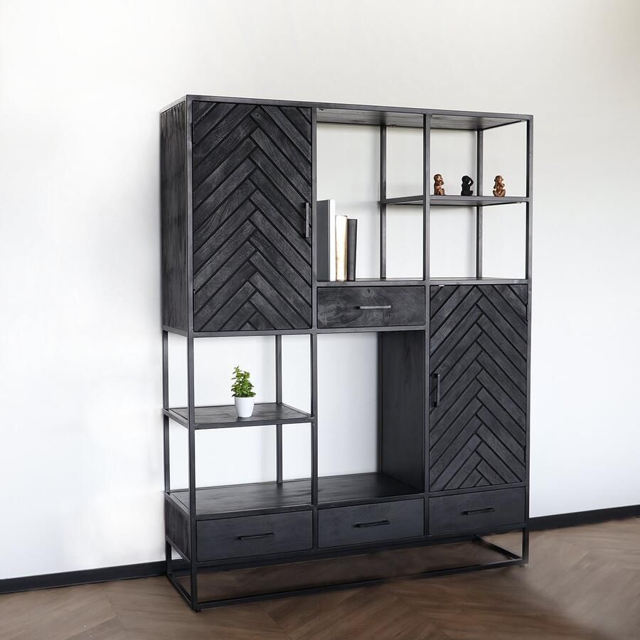 Lizzely Garden & Living Kast industrieel mangohout Lio zwart mango hout wandkast 180cm visgraat vakkenkast mango duurzaam - Foto 2