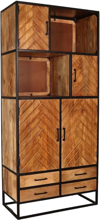 Lizzely Garden & Living Kast industrieel mangohout Paris bruin mango hout visgraat wandkast 200cm vakkenkast - Foto 2