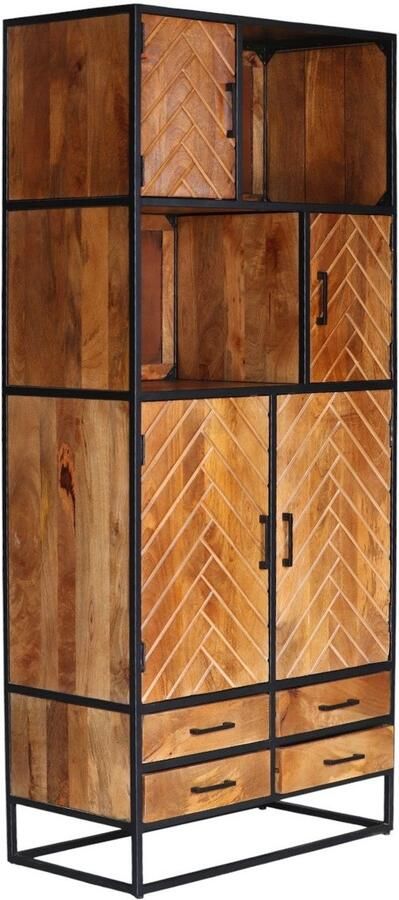 Lizzely Garden & Living Kast industrieel mangohout Paris zwart mango hout visgraat wandkast 200cm vakkenkast