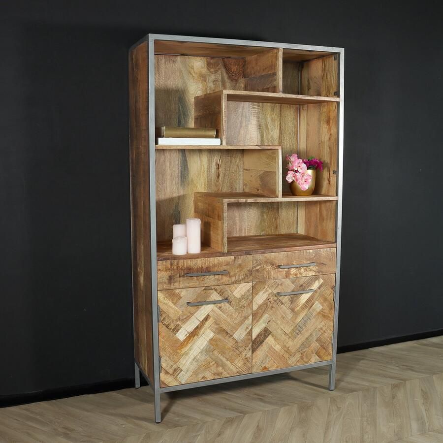 Lizzely Garden & Living Kast industrieel mangohout Sofia lichtbruin 180cm visgraat vakkenkast mango hout wandkast - Foto 2