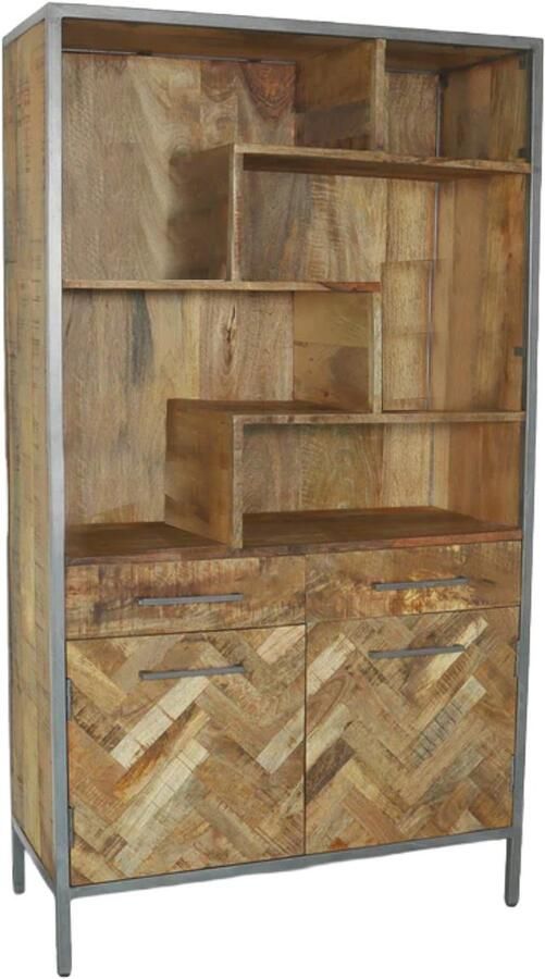 Lizzely Garden & Living Kast industrieel mangohout Sofia lichtbruin 180cm visgraat vakkenkast mango hout wandkast