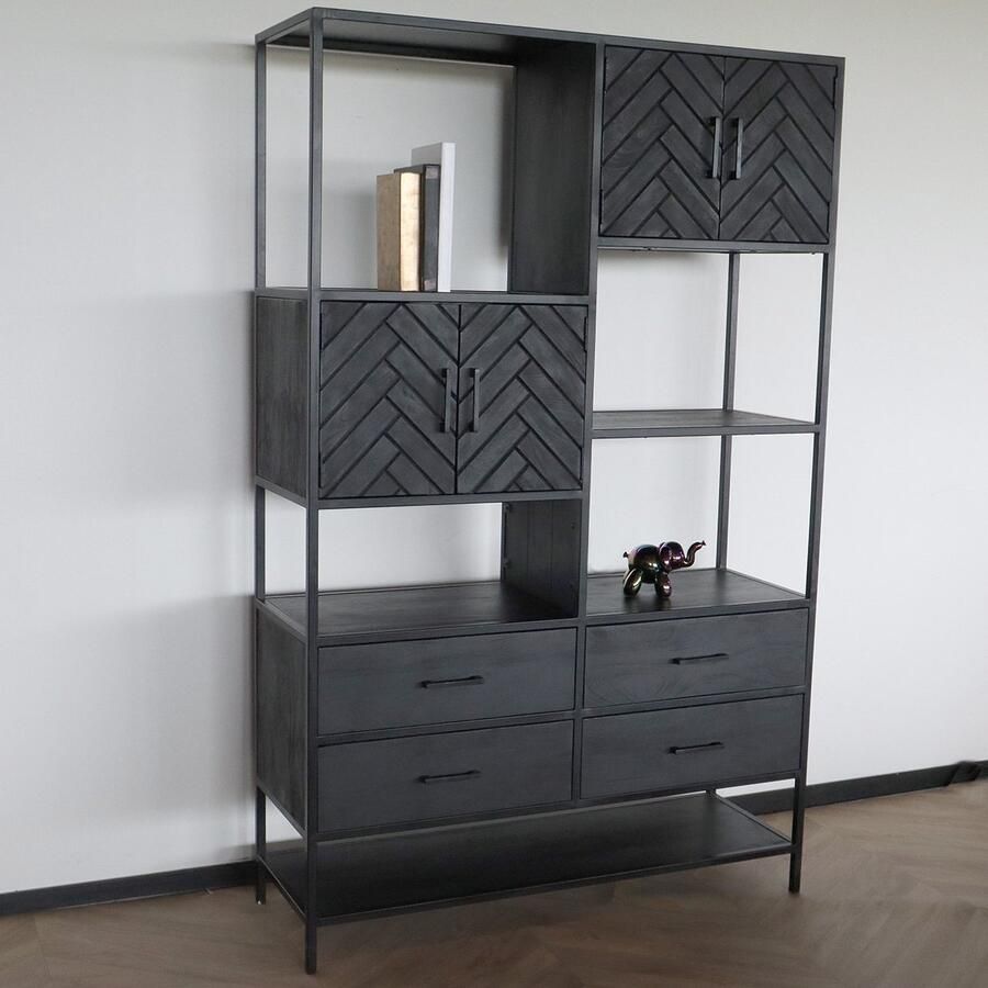 Lizzely Garden & Living Kast industrieel mangohout Ivy zwart mango hout visgraat wandkast 190cm vakkenkast mango duurzaam