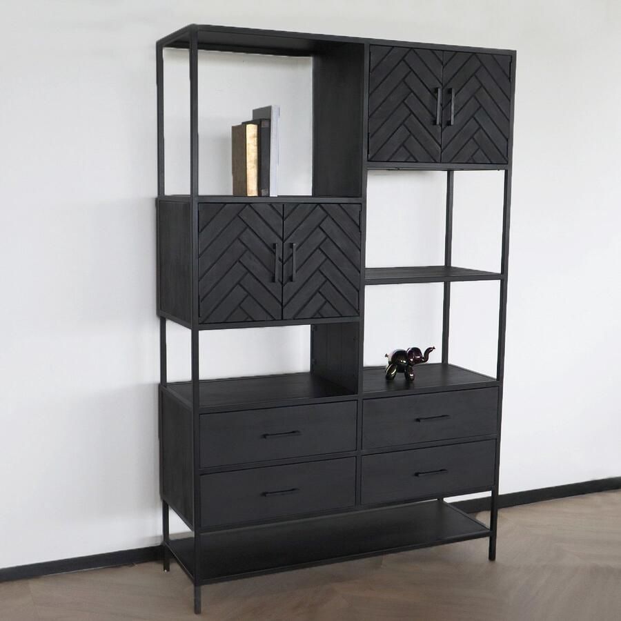 Lizzely Garden & Living Kast industrieel mangohout Ivy zwart mango hout visgraat wandkast 190cm vakkenkast mango duurzaam