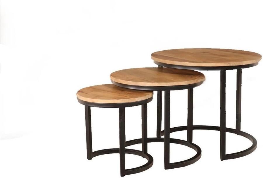 Lizzely Garden & Living Salontafel 3delig mangohout Jaell walnoot bruin industrieel duurzaam massief hout massief hout mango