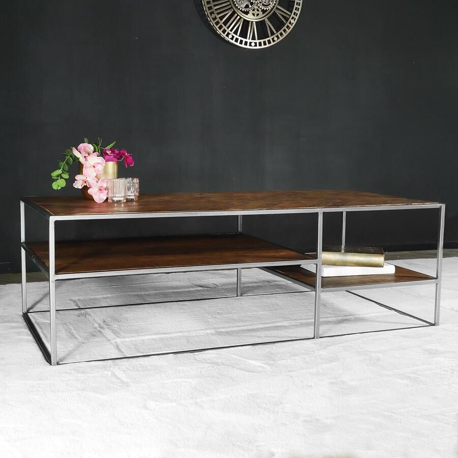 Lizzely Garden & Living Salontafel industrieel mangohout Sofia 140cm bruin visgraat side table massief hout mango bijzettafel