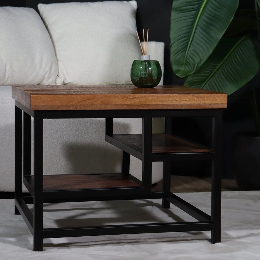 Lizzely Garden & Living Salontafel industrieel mangohout Sunny 60cm side table massief hout mango bijzettafel - Foto 2