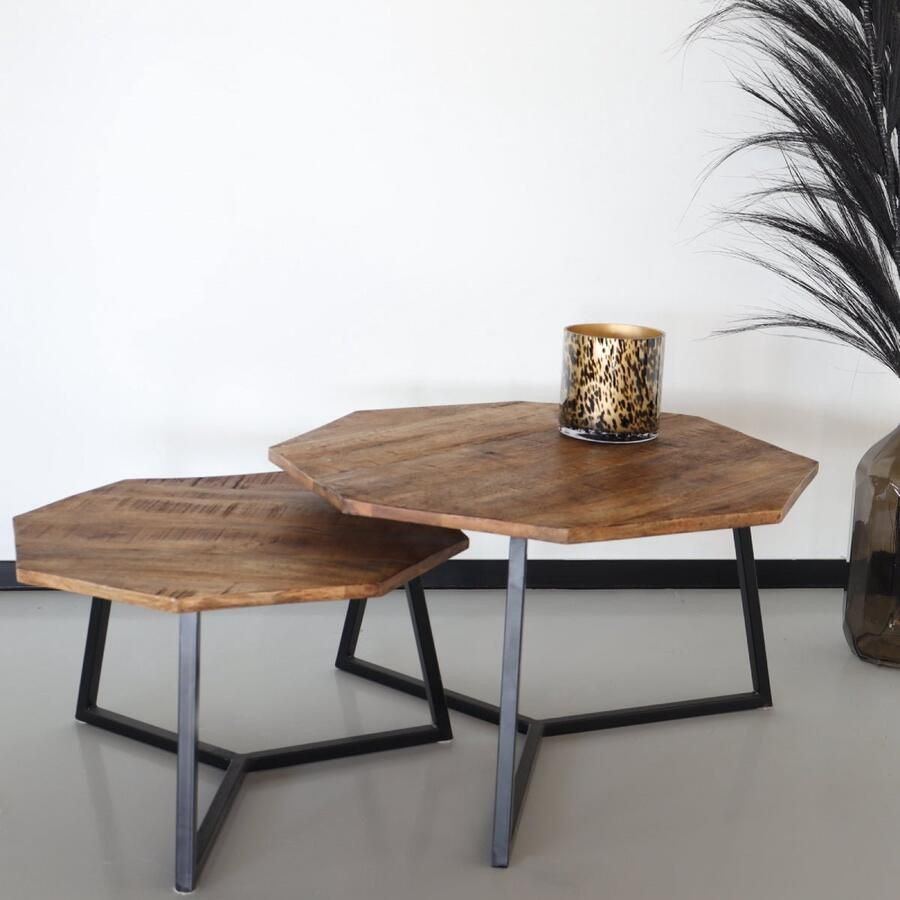 Lizzely Garden & Living Salontafel octagon 2delig mangohout Loes side table industrieel bijzettafel massief hout mango duurzaam - Foto 2