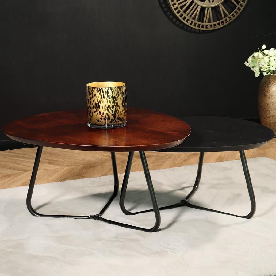 Lizzely Garden & Living Salontafel organisch set van 2 mangohout Gijs bruin en zwart bijzettafel organisch mango side table