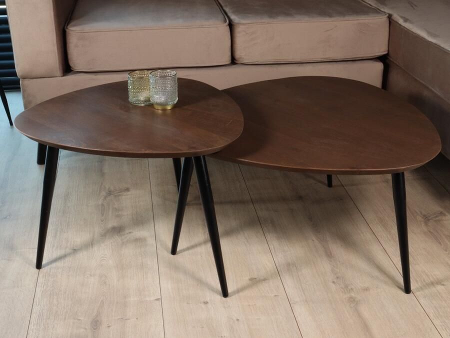 Lizzely Garden & Living Salontafel organisch set van 2 mangohout Leyla walnoot bruin bijzettafel organisch mango side table