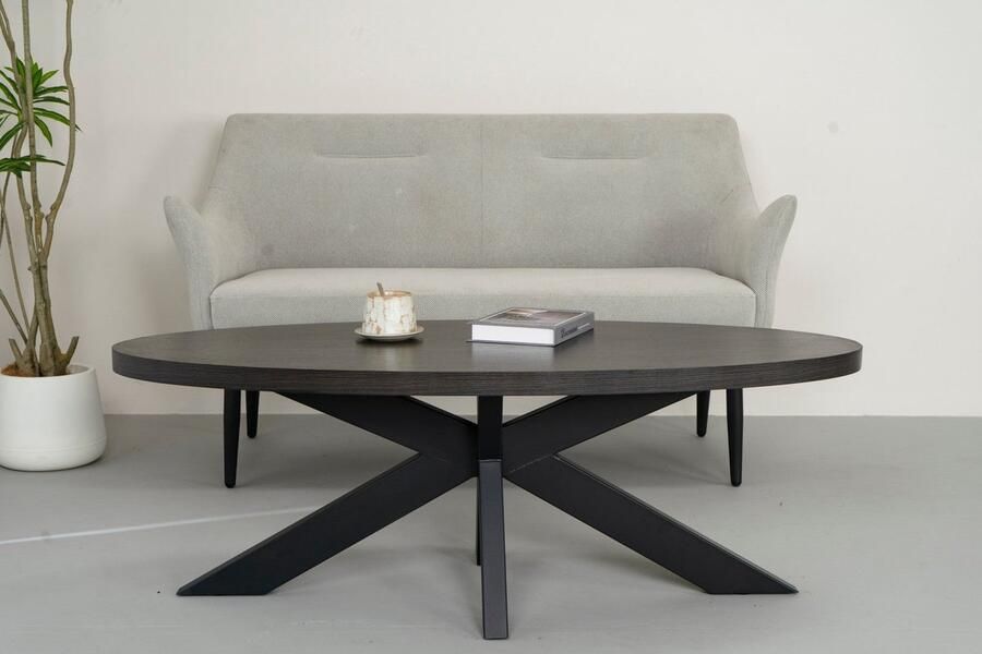 Lizzely Garden & Living Salontafel ovaal eiken zwart melamine 130cm Denzel ovale bijzettafel side table