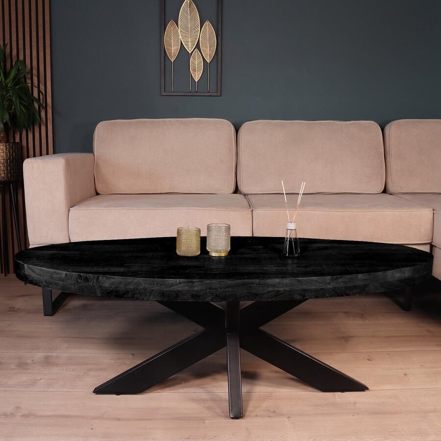 Lizzely Garden & Living Salontafel ovaal mangohout 130cm Jimmy zwart duurzaam hout mango ovale bijzettafel