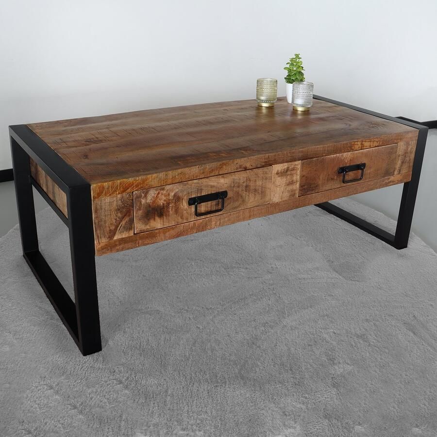 Lizzely Garden & Living Salontafel industrieel mangohout Kai 120cm side table met 2 lades duurzaam massief hout mango bijzettafel