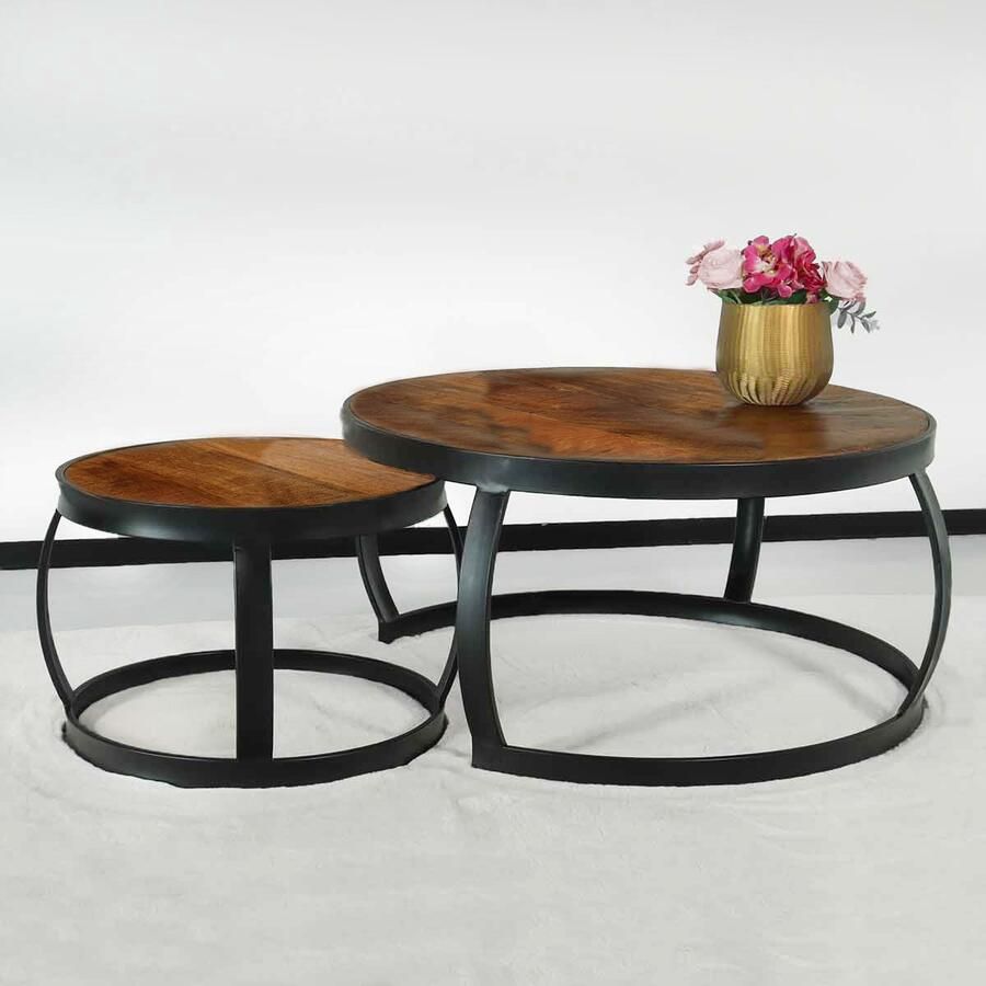 Lizzely Garden & Living Salontafel rond 2delig mangohout Nuno bruin side table industrieel bijzettafel mango hout