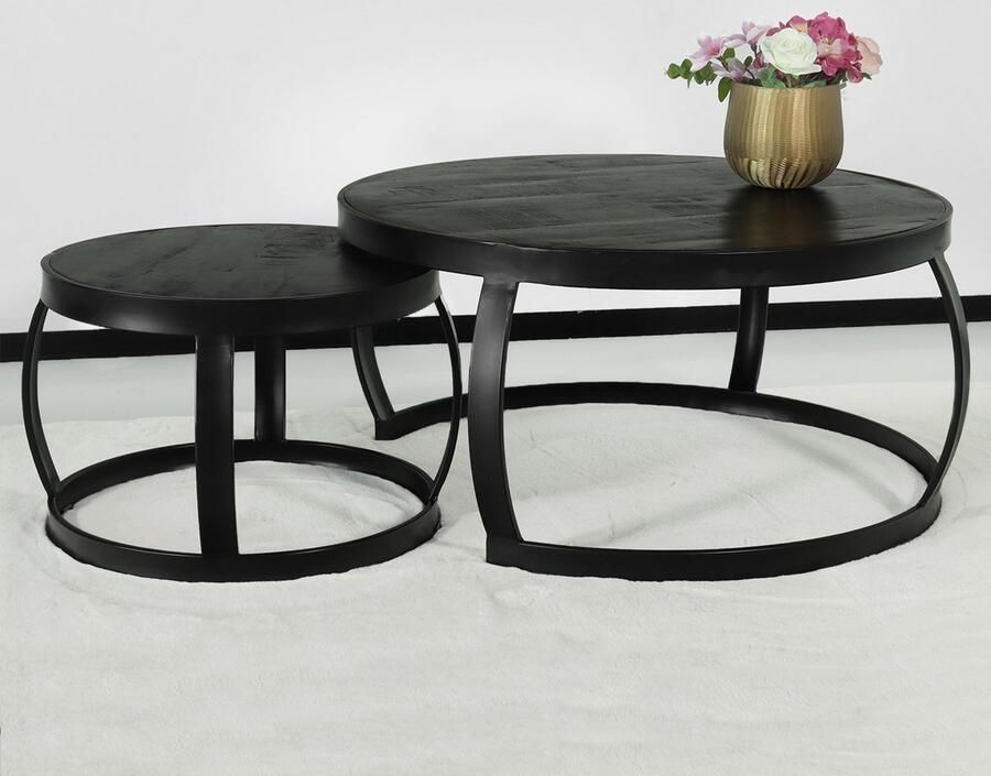 Lizzely Garden & Living Salontafel rond 2delig mangohout Nuno zwart side table industrieel bijzettafel mango hout