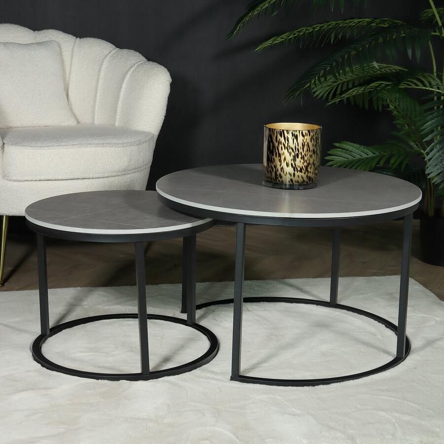 Lizzely Garden & Living Salontafel rond 2delig marmerlook Bero grijs side table steen bijzettafel