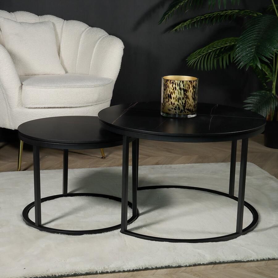 Lizzely Garden & Living Salontafel rond 2delig marmerlook Bero zwart side table steen bijzettafel - Foto 2