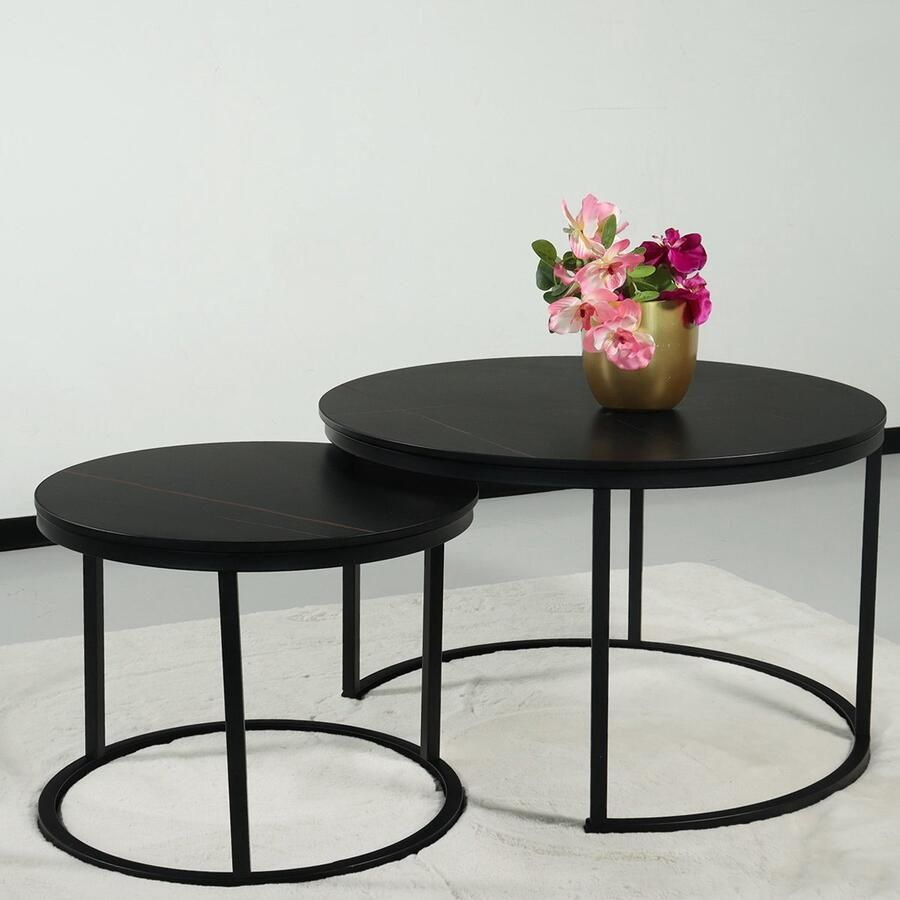 Lizzely Garden & Living Salontafel rond 2delig marmerlook Bero zwart side table steen bijzettafel