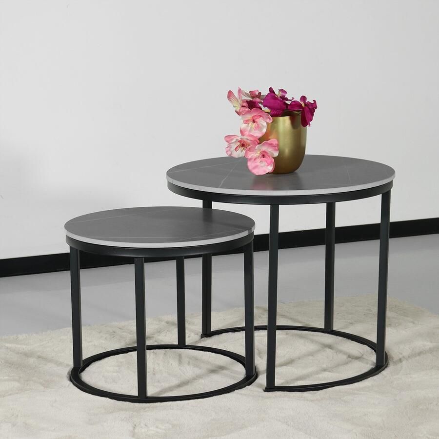 Lizzely Garden & Living Salontafel rond 2delig marmerlook Lotte grijs side table steen bijzettafel