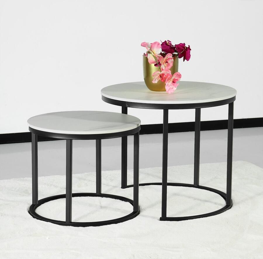 Lizzely Garden & Living Salontafel rond 2delig marmerlook Lotte wit side table steen bijzettafel