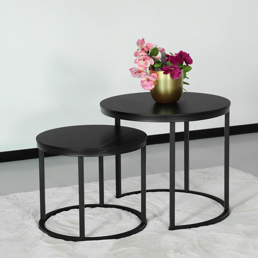 Lizzely Garden & Living Salontafel rond 2delig marmerlook Lotte zwart side table steen bijzettafel