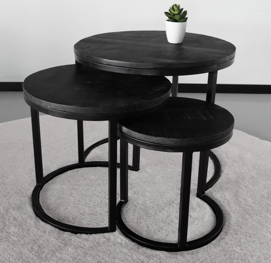 Lizzely Garden & Living Salontafel rond 3delig mangohout Jaell zwart side table industrieel duurzaam massief hout mango bijzettafel - Foto 2