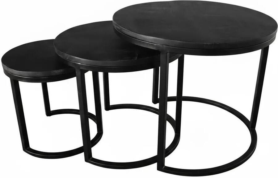 Lizzely Garden & Living Salontafel rond 3delig mangohout Jaell zwart side table industrieel duurzaam massief hout mango bijzettafel - Foto 4