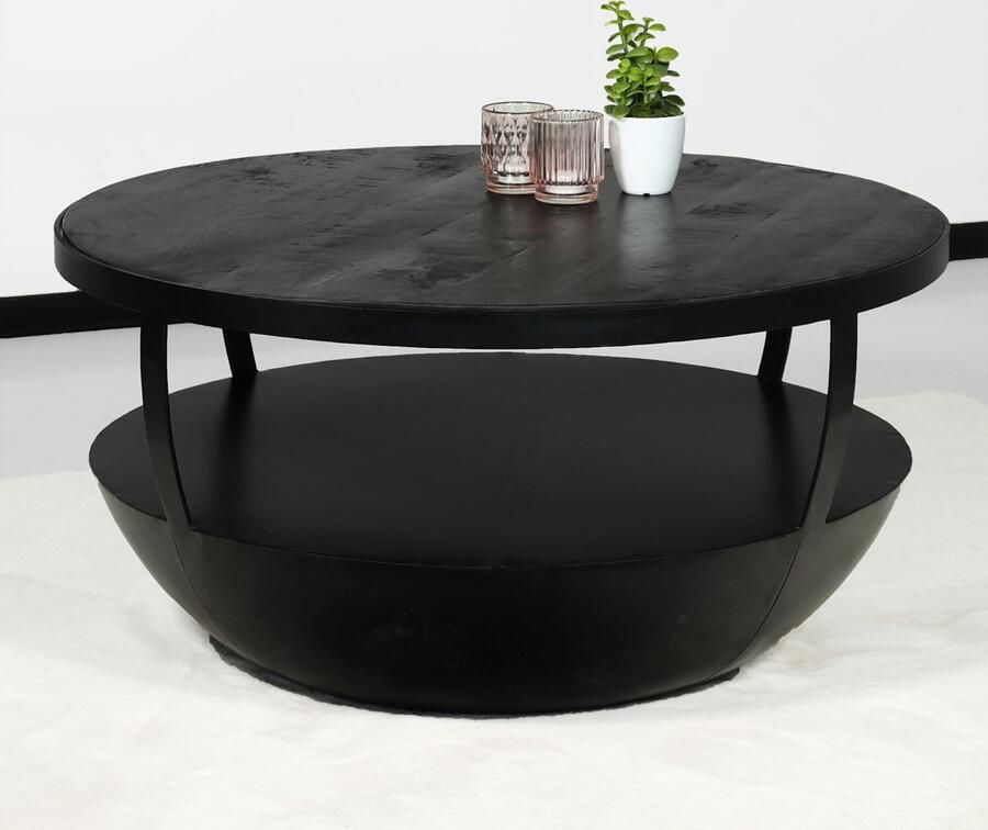 Lizzely Garden & Living Salontafel rond mangohout Kayleigh 80x80 zwart side table industrieel bijzettafel mango hout