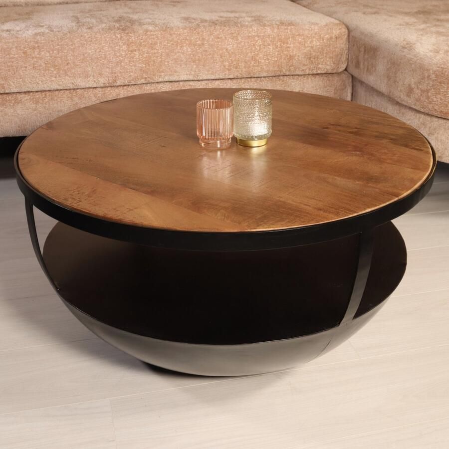 Lizzely Garden & Living Salontafel rond mangohout Luca 70cm side table industrieel bijzettafel mango hout