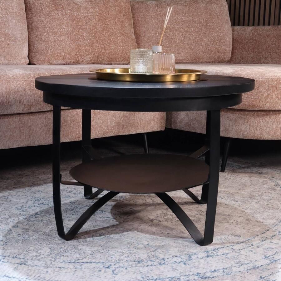 Lizzely Garden & Living Salontafel rond mangohout Sandy zwart side table industrieel duurzaam massief hout mango bijzettafel - Foto 2