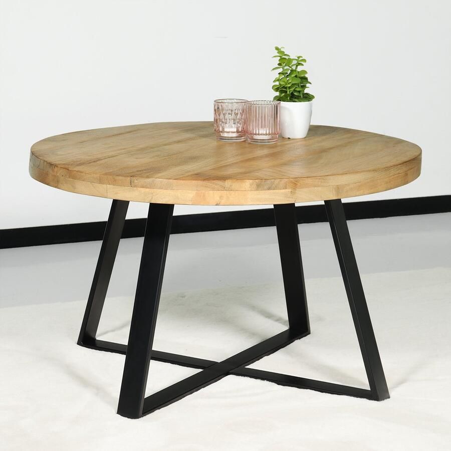 Lizzely Garden & Living Salontafel rond mangohout Teun lichtbruin side table industrieel bijzettafel mango hout duurzaam