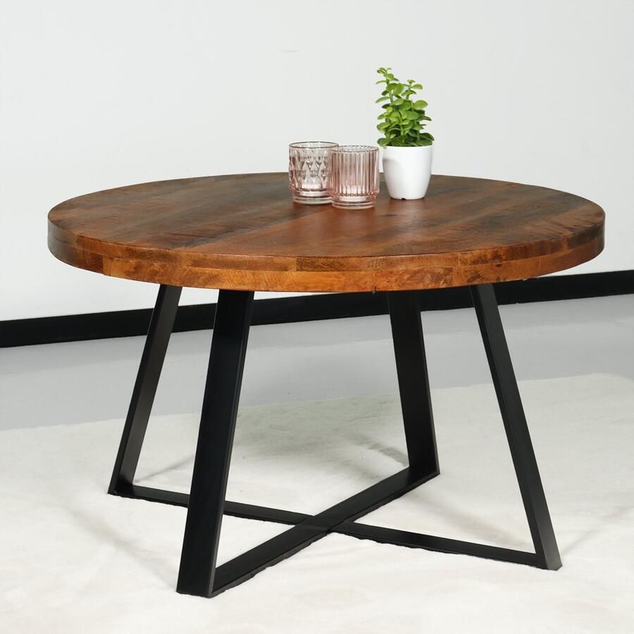 Lizzely Garden & Living Salontafel rond mangohout Teun75cm bruin side table industrieel bijzettafel mango hout duurzaam