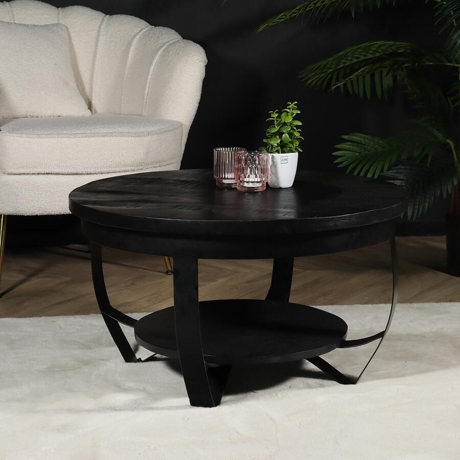Lizzely Garden & Living Salontafel rond mangohout Sandy zwart side table industrieel duurzaam massief hout mango bijzettafel