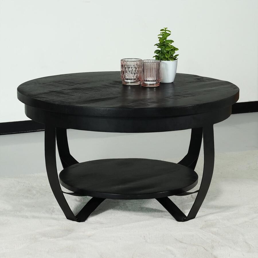 Lizzely Garden & Living Salontafel rond mangohout zwart side table industrieel duurzaam massief hout mango bijzettafel