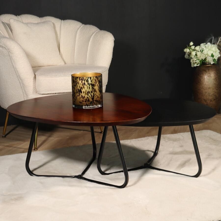 Lizzely Garden & Living Salontafel organisch set van 2 mangohout Gijs bruin en zwart bijzettafel organisch mango side table - Foto 3